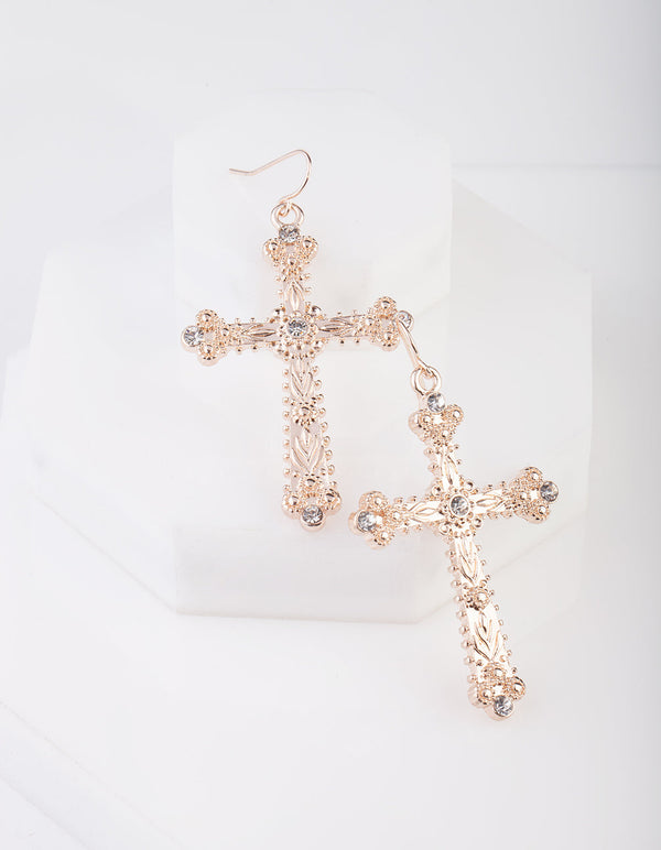 Rose Gold Cross Crystal Stone Earrings
