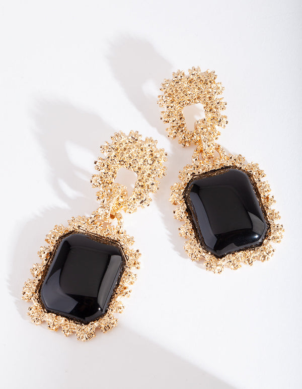 Gold Textured Black Enamel Drop Earrings