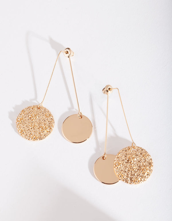 Gold Textured & Smooth Disc Drop Earrings