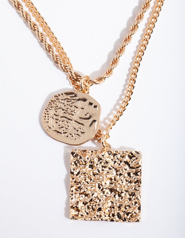 Gold Textured Pendant Necklace Duo