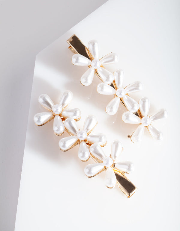 Gold Pearl Flower Hair Clip Pack