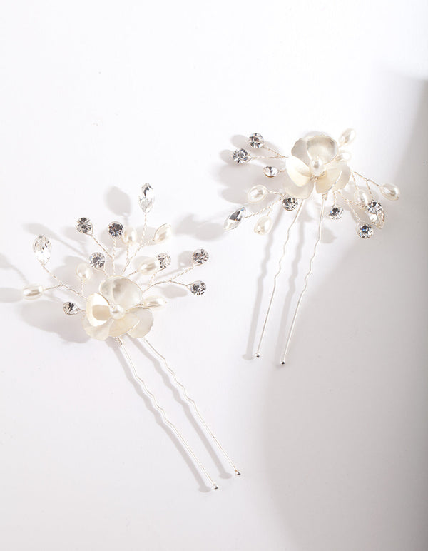Silver White Flower Hair Pin Pack
