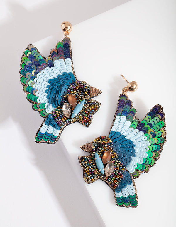 Blue Sequin Bead Bird Earrings