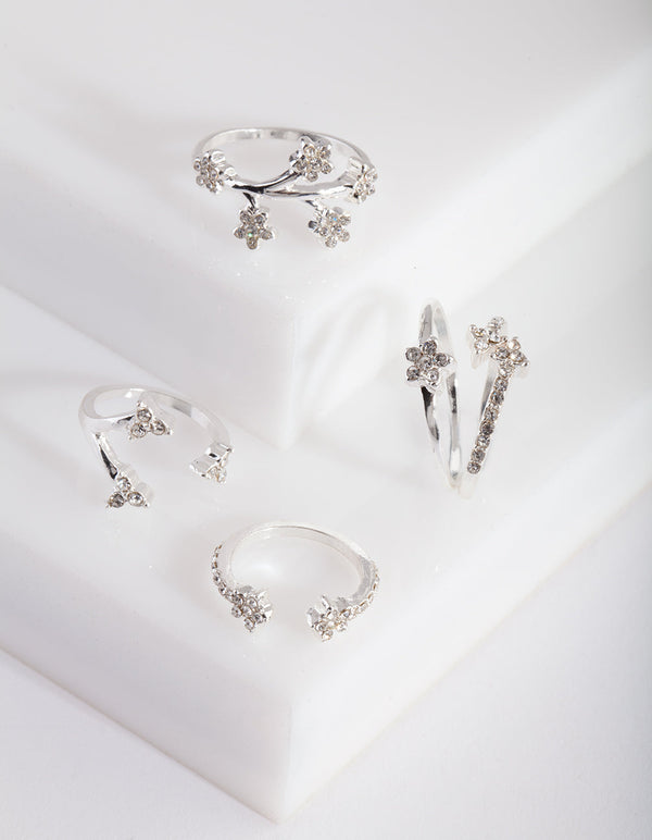 Silver Floral Diamante Ring 5-Pack