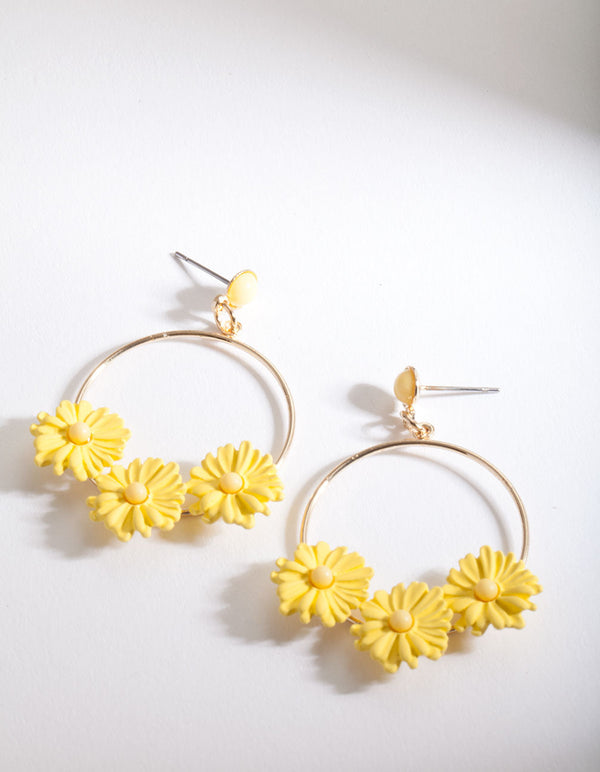 Yellow Daisy Hoop Drop Earrings