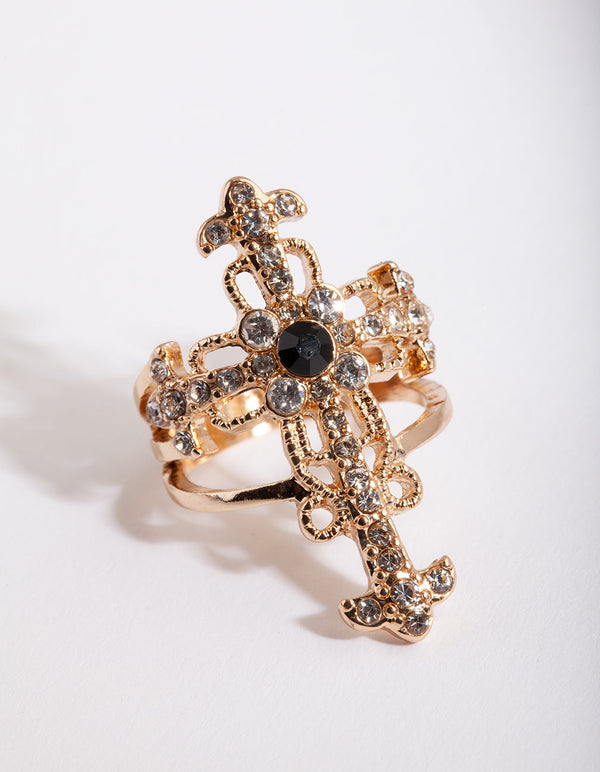 Gold Regal Diamante Cross Ring