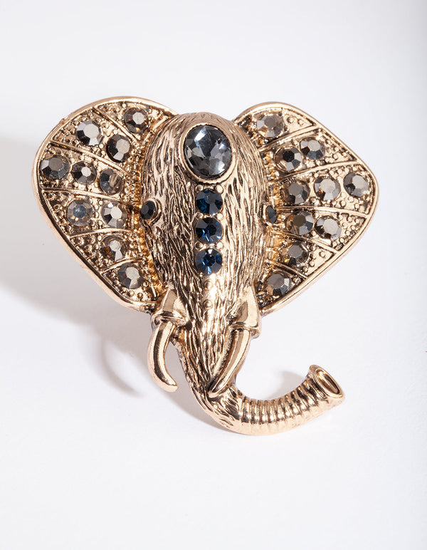 Gold Black Diamante Elephant Ring