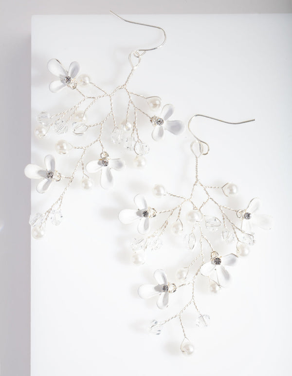 Silver Pearl & Flower Cluster Earrings