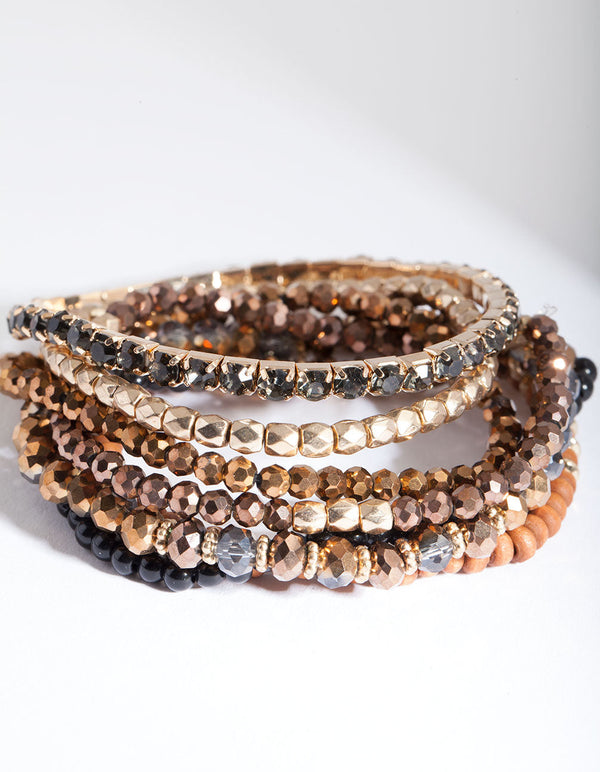 Brown Beads & Wood Stretch 7pk Bracelets