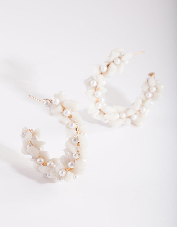 White Stone Pearl Hoop Earrings