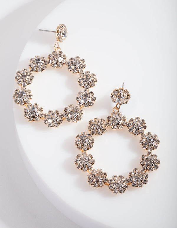 Gold Diamante Flower Circular Drop Earrings
