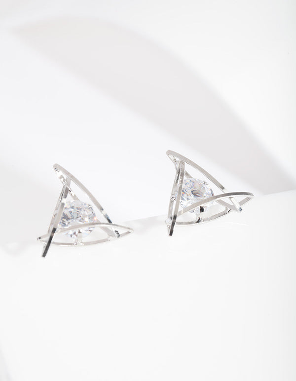 Rhodium Cubic Zirconia Trapped Triangle Earrings