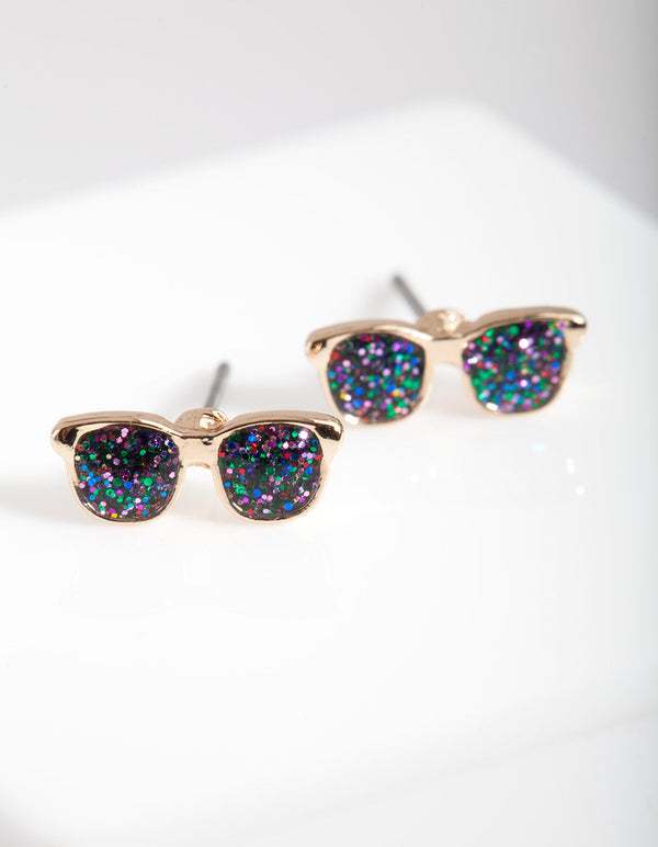 Kids Gold Glittery Sunglasses Stud Earrings