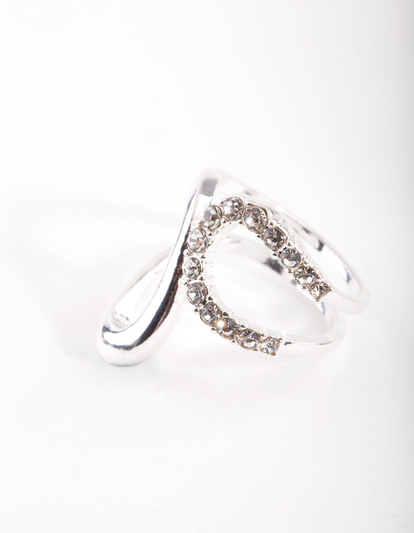 Silver Half Diamante Open Swirl Ring