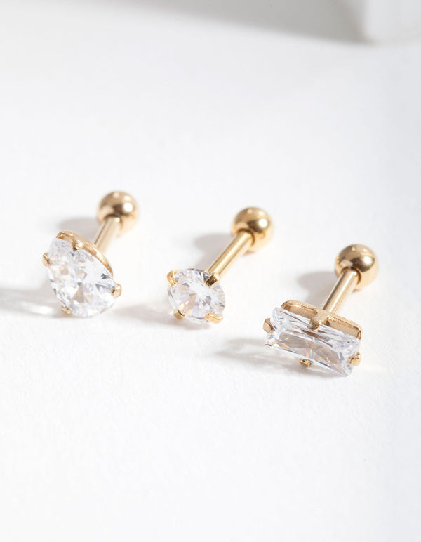 Gold Cubic Zirconia Multi-Cut Stone Barbell Earring Pack