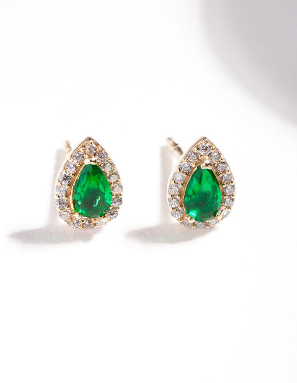 Gold Plated Sterling Silver Green Pear Halo Stud Earrings