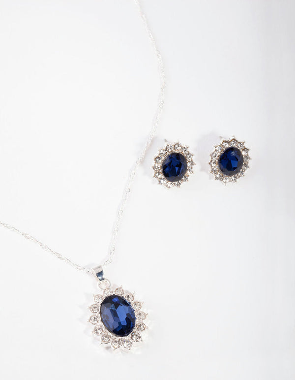 Silver Oval Blue Gem Jewellery Set