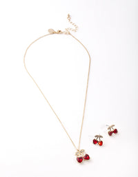 Gold Red Cherry Diamante Necklace & Earrings Set - link has visual effect only