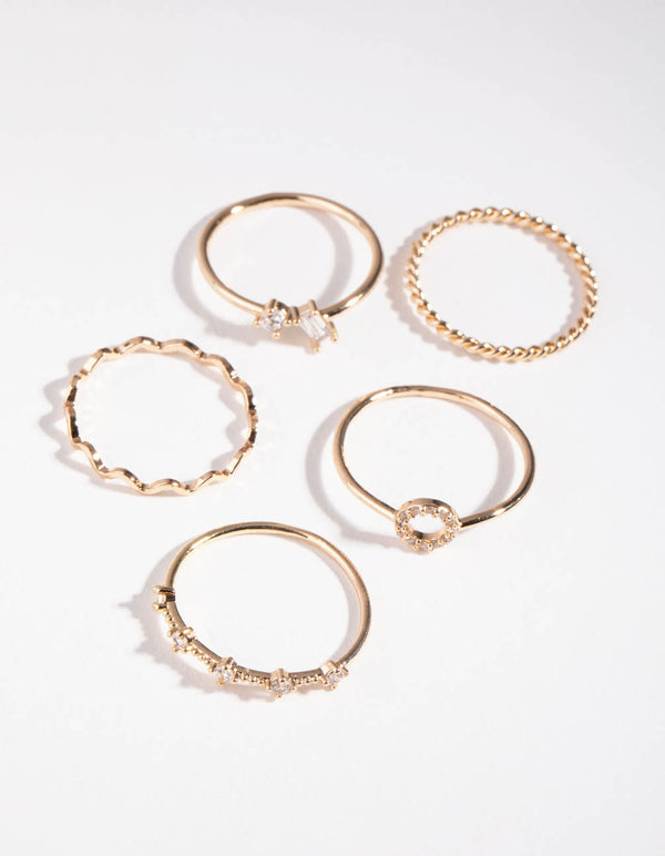 Gold Cubic Zirconia Geometric Mix 5-Pack Rings