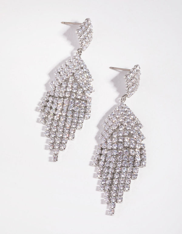 Rhodium Diamond Simulants Fringe Stud Earrings