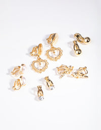 Gold Faux Pearl Heart Clip On 5-Pack Earring - link has visual effect only