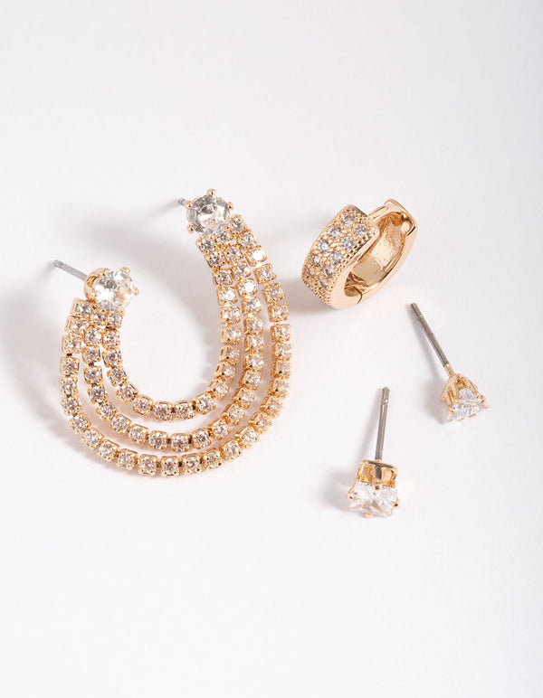Gold Cubic Zirconia Stud Earring 5-Pack