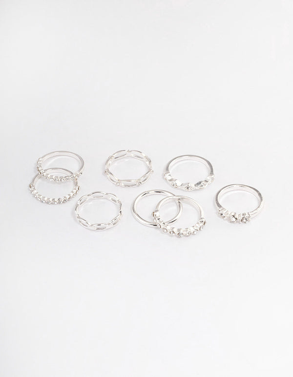 Silver Diamante Row Mix Ring 8-Pack