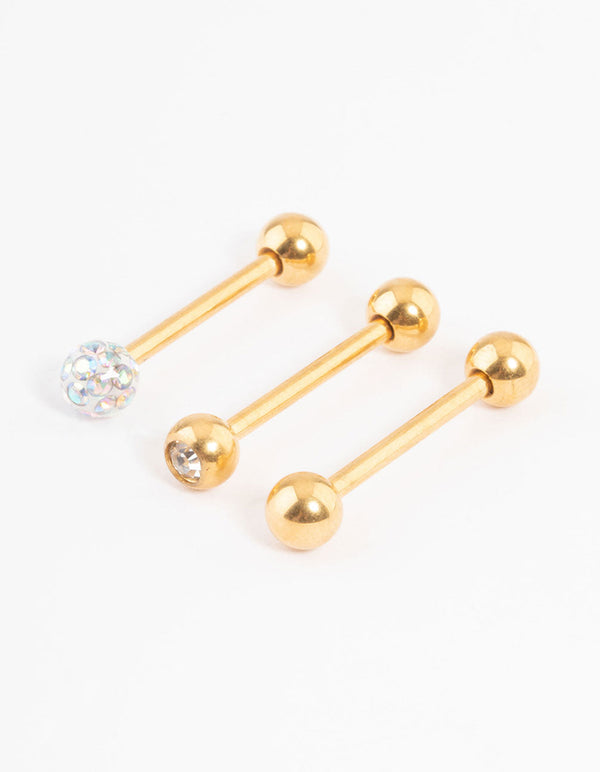 Gold Plated Titanium Pave Ball Tongue Piercing Pack