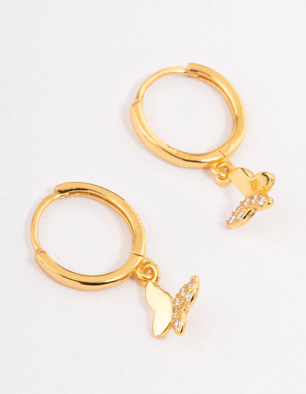 Gold Plated Sterling Silver Diamante Butterfly Huggie Earrings