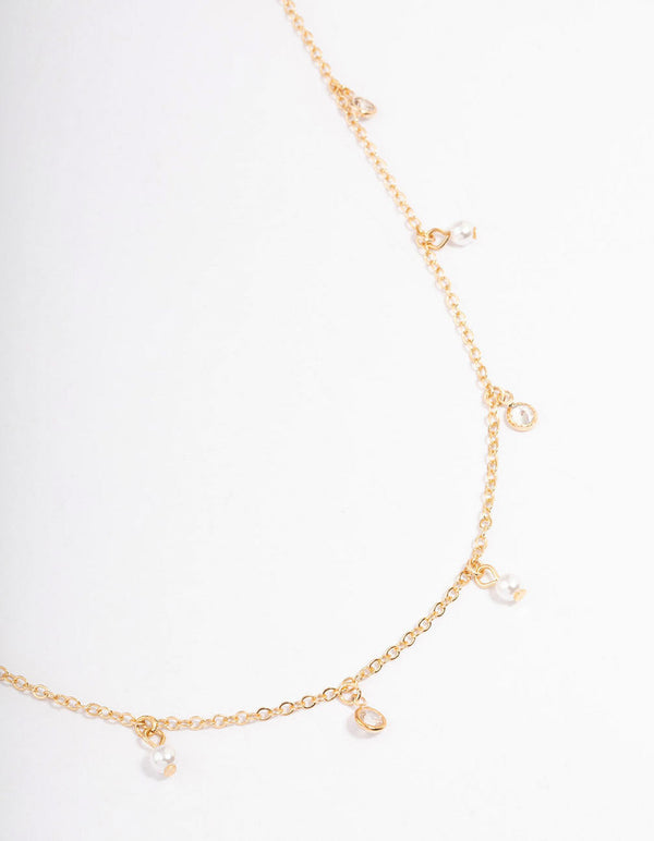 Gold Diamante & Pearl Drop Station Necklace