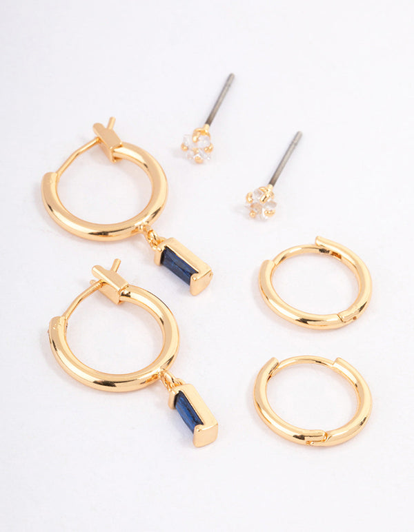 Gold Plated Cubic Zirconia Emerald Cut Huggie Earrings Pack