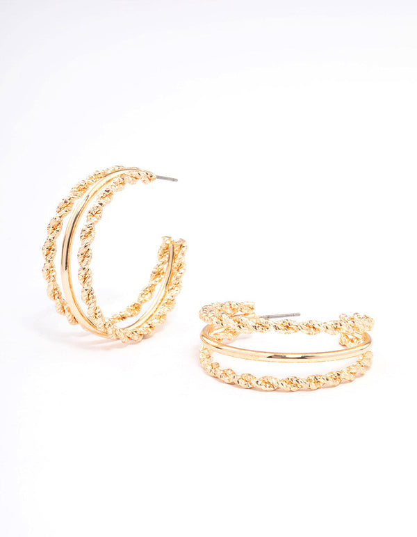 Gold Twisted & Plain Triple Hoop Earrings