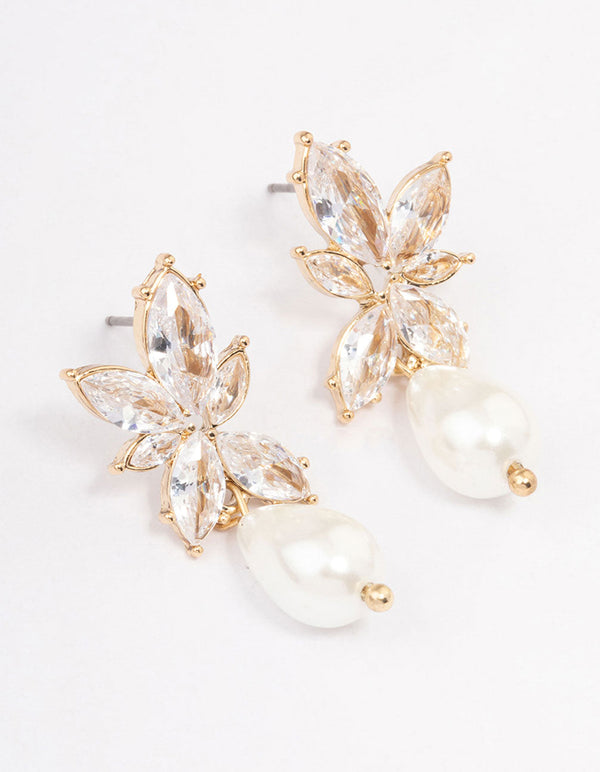 Gold Large Marquise Pearl Drop Earrings