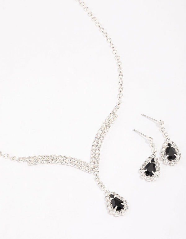 Silver Diamante Stone Long Earrings & Necklace Set