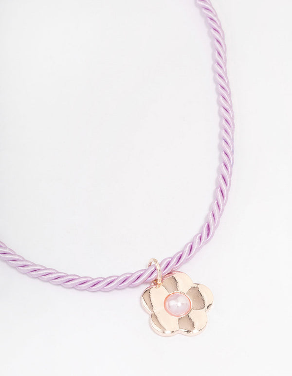 Rose Gold Twisted Cord Pearly Flower Necklace