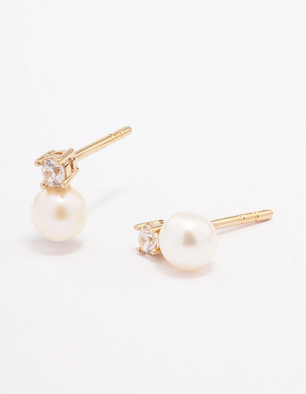 Gold Plated Sterling Silver Cubic Zirconia & Freshwater Pearl Stud Earrings
