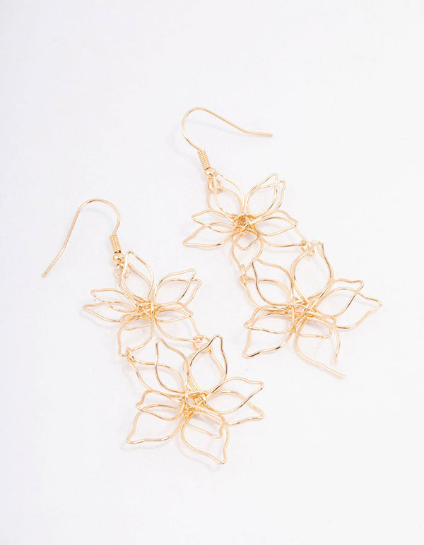 Gold Double Wire Flower Drop Earrings