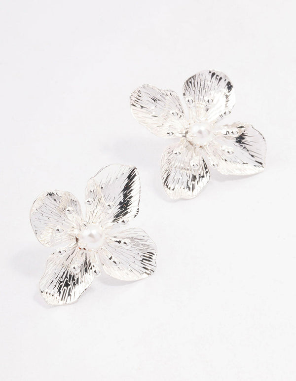 Silver Large Flower Pearl Stud Earrings