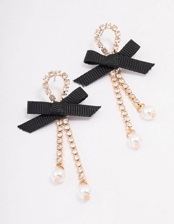 Black Cupchain Pearl Bow Drop Earrings