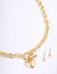 Gold Plated Heart FOB Necklace & Earrings Set - link has visual effect only