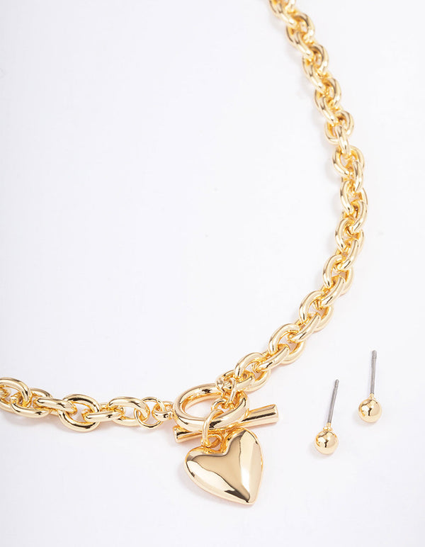Gold Plated Heart FOB Necklace & Earrings Set