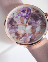 Purple Floral PU-Strap Watch - link has visual effect only
