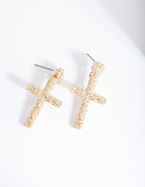 Gold Mini Textured Cross Earrings