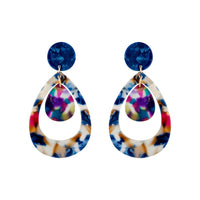 Double Teardrop Acrylic Earrings in Blue Multi - link has visual effect only
