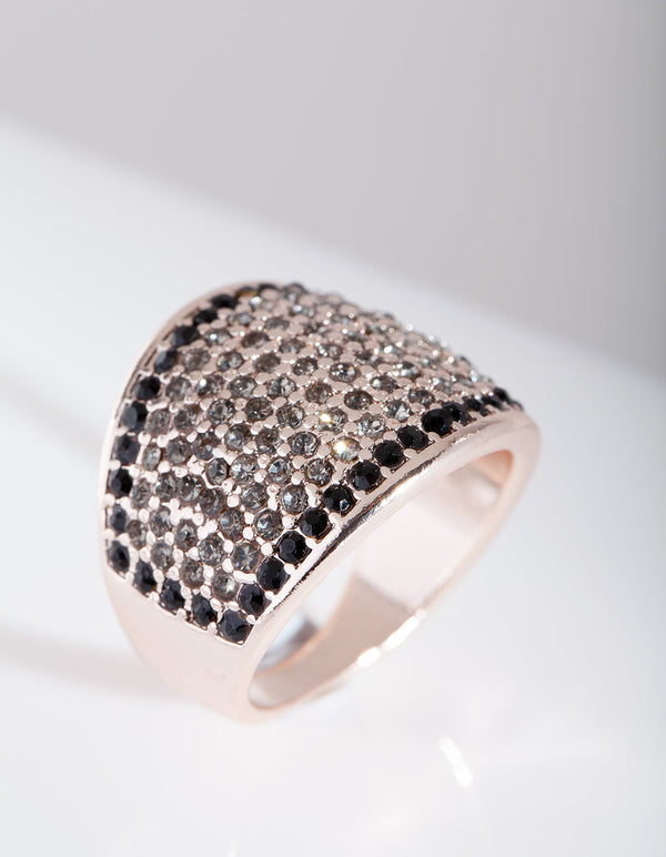 Rows of Black & Clear Diamante Rose Gold Ring