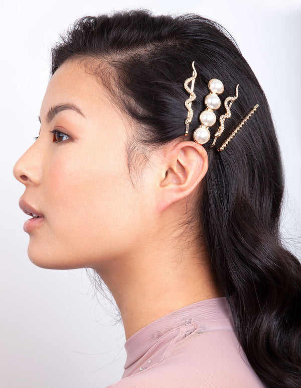 Gold Snake Pearl Hair Clip 4-Pack
